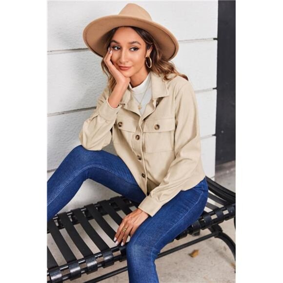 Womens Fashion Cropped Corduroy Shackets Button Down Jackets Tops Fall - Picture 5 of 6